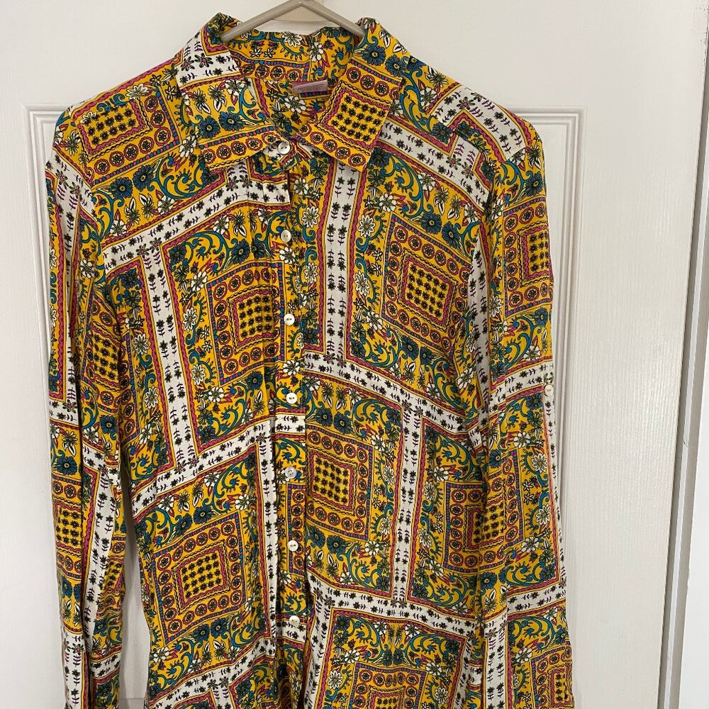 Eva Castillo yellow pink botanical/folk patterned button down shirt